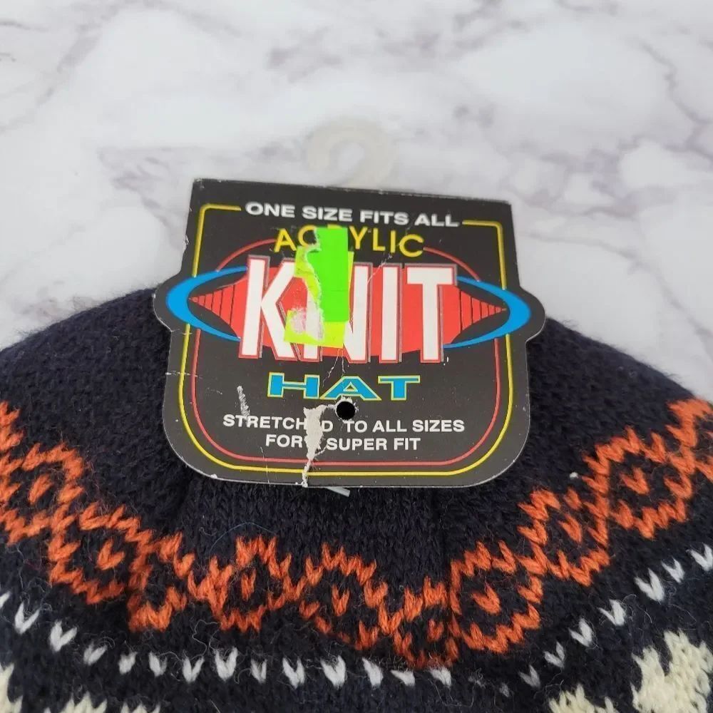 Vintage 90s Deadstock Beanie with Floral Faux Fair Isle Pattern Black NEW - Picture 2 of 5
